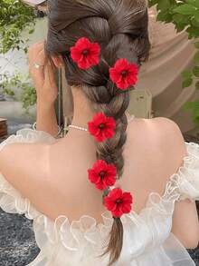 5pcs/Set Women Floral Decor Cute Hair Clips, Bohemian Style,Summer,Holiday,Travel,Festival,Party - Red - View 1