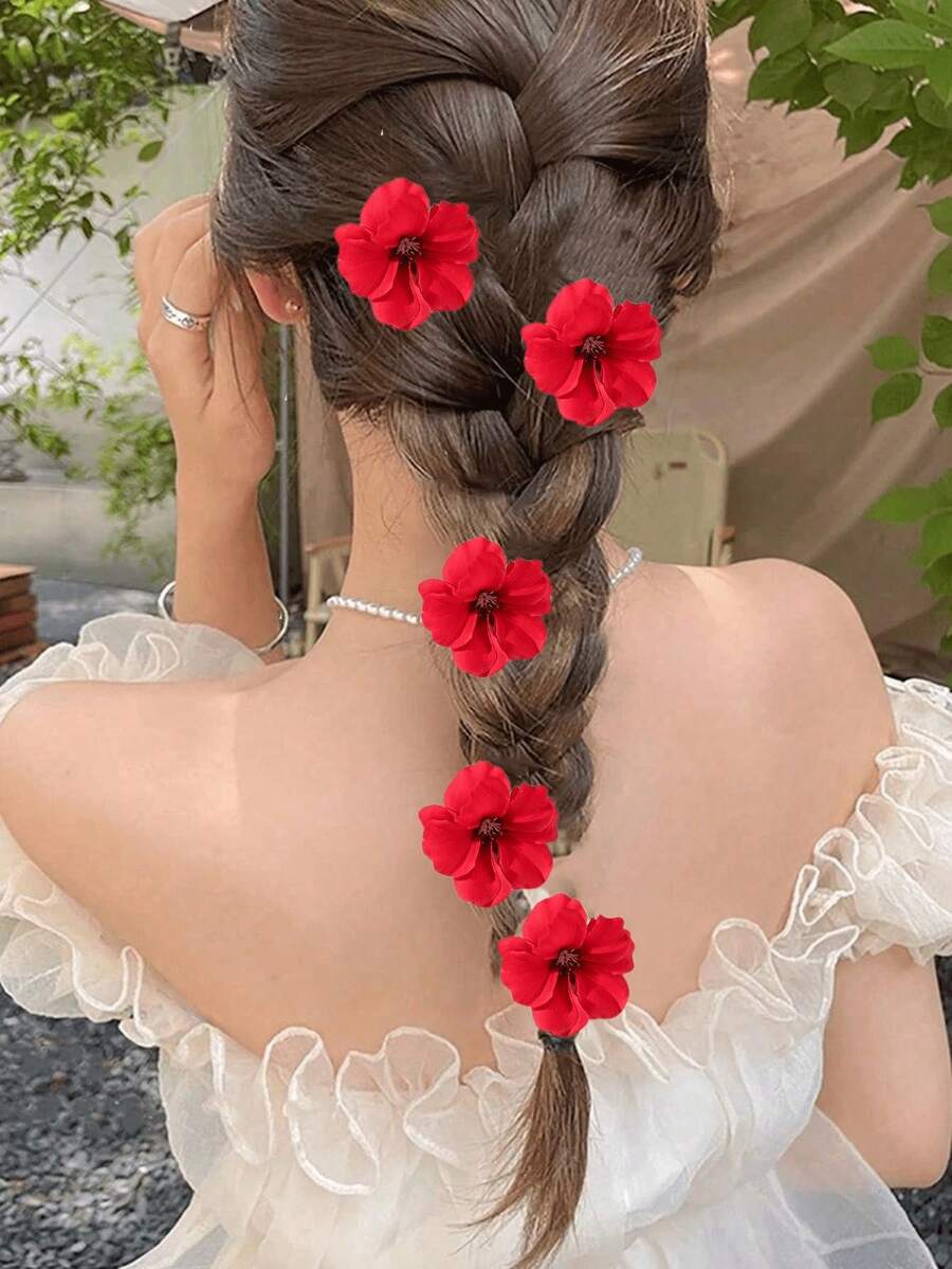 5pcs/Set Women Floral Decor Cute Hair Clips, Bohemian Style,Summer,Holiday,Travel,Festival,Party - Red - View 1
