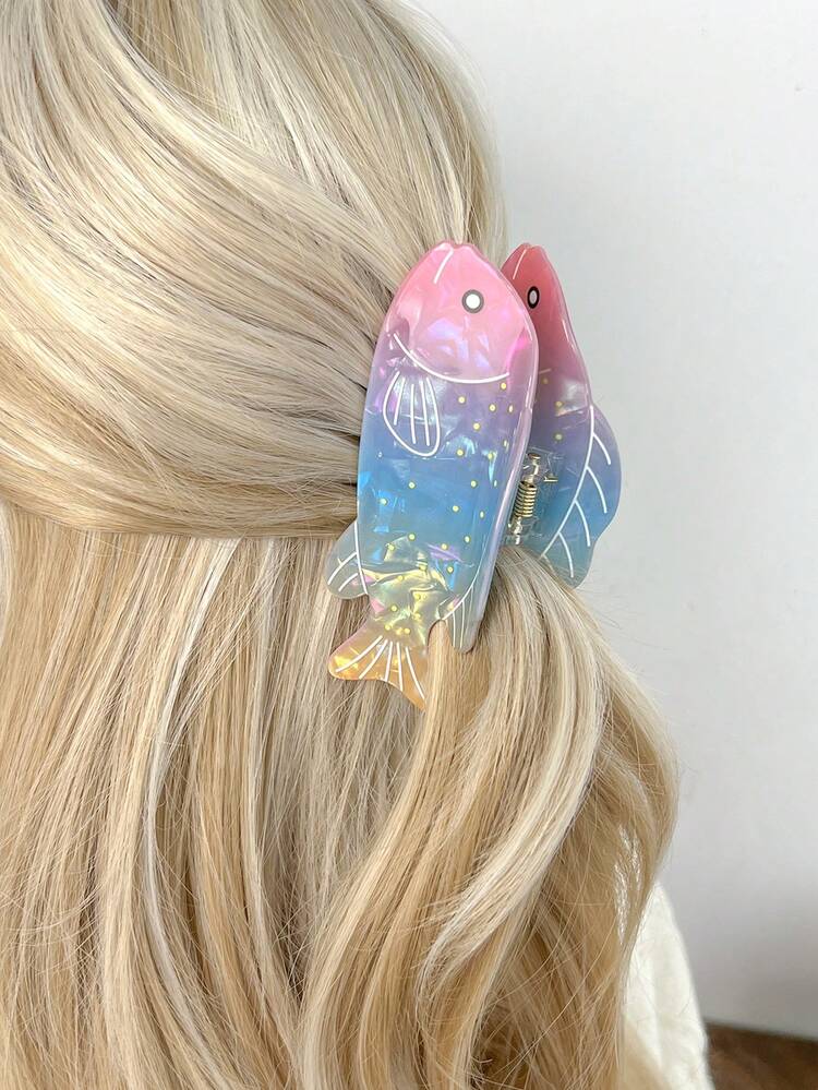 可爱彩色渐变鱼形发爪夹 - 亚克力沙滩海洋主题发饰，适合女性和女孩，夏季热带海洋风发夹，适合浓密或稀疏头发 - 彩色 - 查看 9
