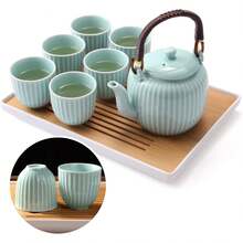 Dujust Juego de té japonés, juego de té de porcelana cian-azul con 1 juego de tetera, 6 tazas de té, 1 bandeja de té, 1 infusor de acero inoxidable, juego de té asiático para amantes del - Verde - Ver 1