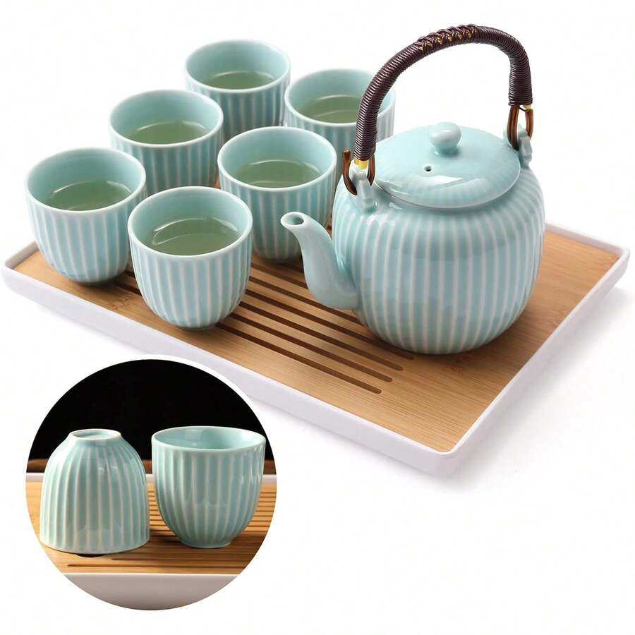 Dujust Juego de té japonés, juego de té de porcelana cian-azul con 1 juego de tetera, 6 tazas de té, 1 bandeja de té, 1 infusor de acero inoxidable, juego de té asiático para amantes del - Verde - Ver 1