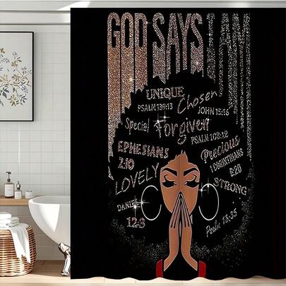 1/4 件套图案浴帘套装，涤纶浴帘配 12 个挂钩，防滑垫，U 型马桶垫，马桶盖套，71x71 英寸