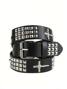 1 pieza Cinturón de metal con remaches estilo punk, cinturón ajustable para uso diario casual para jeans - Negro - Ver 3