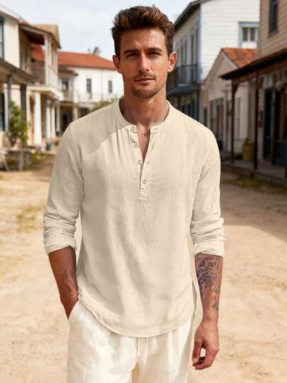 2026 Spring/Summer Men's Loose Linen Solid Color Long Sleeve Stand Collar Shirt, Classic Versatile Casual Comfortable Shirt Suitable For Holidays And Dates