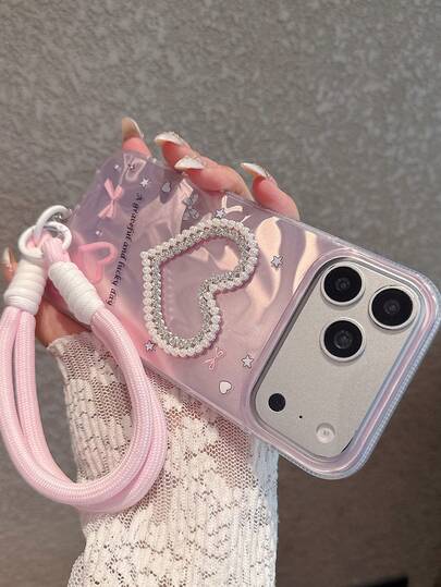 1个新款韩版ins风粉色水波纹3D珍珠爱心+挂绳手机壳，适用于 17 Pro Max，时尚百搭简约小众创意个性保护壳，也适用于 16、15 Plus、14 Pro、13、12、11