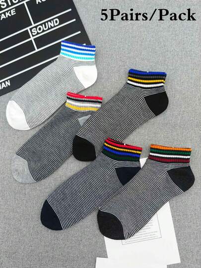 5 Pairs Men's Casual Short Socks, Spring/Summer Low-Cut Striped Digit Pattern Student Sports Ankle Socks