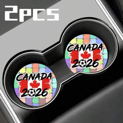 2件装 2026 美国、加拿大、墨西哥汽车杯架和门垫，卡通运动队系列防滑耐热汽车内饰配件，斋月、复活节、新年、情人节的理想礼物