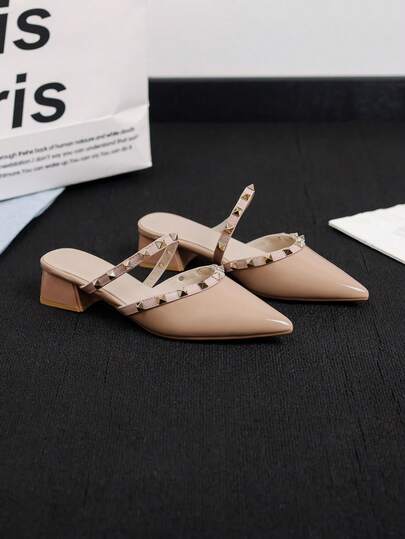女士厚底凉鞋，新款法式风格闭趾中跟铆钉装饰尖头穆勒鞋，舒适套脚凉鞋，适合搭配连衣裙