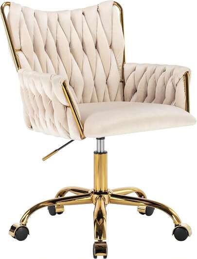 Westice Velvet Desk Chair, Home Office Gold Comfy Chair With Hand Woven Back, Height Adjustable Swivel Chair With Comfy Upholster For Makeup Vanity Living Room Bedroom, Beige