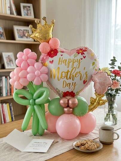 29件套母亲节派对装饰气球套装，包含18英寸心形“母亲节快乐”铝箔气球、迷你金色皇冠形气球、迷你浅粉色花朵形气球、10英寸浅绿色/马卡龙粉色乳胶气球、乳胶花束造型气球，适合妈妈生日、妻子生日惊喜装饰。