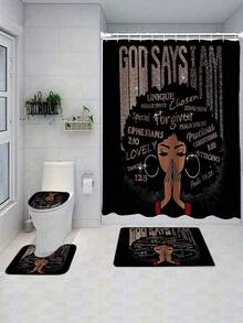 1/4 件套图案浴帘套装，涤纶浴帘配 12 个挂钩，防滑垫，U 型马桶垫，马桶盖套，71x71 英寸 - 多色 - 查看 8