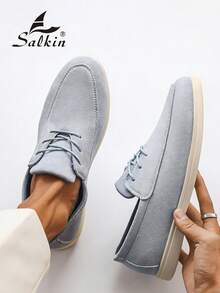 Salkin 男士時尚設計師樂福鞋 繫帶手工縫製 柔軟仿麂皮/純素皮革 內墊軟後跟領 商務正裝鞋 男士莫卡辛鞋 日常辦公 婚禮派對 情侶約會 浪漫晚餐 節日禮物 學生休閒鞋 百搭建議選擇大一號 - 霧霾藍 - 查看 8