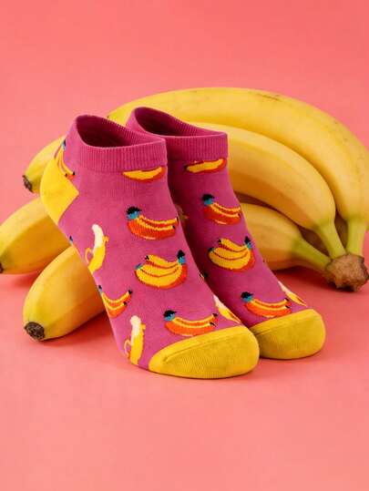 1 Pair Women's Funny Banana Print Shallow Mouth Short Socks, Cute Fruit Pattern Boat Socks, Comfortable & Fashionable Casual Socks For Ladies