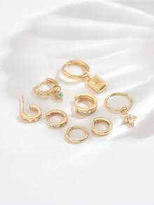 8pcs/Set Minimalist Zirconia Pendant Earrings Set, Elegant Accessories Suitable For Women's Date, Party, And Daily Wear - Yellow Gold - View 3