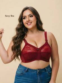 1pc Women's Sheer Lace Nylon Bra, Wireless & Non-Padded With Breathable Sexy Simple European & American Style, Plus Size For Home, Office And Outdoor Wear, Lingerie, Lift - Burgundy - View 4
