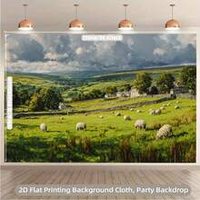 2D Flat 1Piece Large Pastoral Sheep Scenery  Suitable Naturalthemed Backdrops, Featuring Sheep Grazing And Rural Pastoral Scenery, Green Field Fabric Decorations, Weddings, Spring Parties, Farmhouse Photography Backdrops, Indoor/Outdoor Events - Nhiều màu - Xem 2