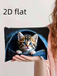 1个可爱动物音乐艺术印花洗漱包，金色链条老虎、快乐水獭、虎斑小猫图案，印有“生活因魔法而更美好”的音符图案，便携式旅行收纳化妆包，学生文具包 - 彩色 - 查看 8