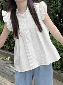 格子荷叶边无袖宽松衬衫，夏季 - 白色 - 查看 6