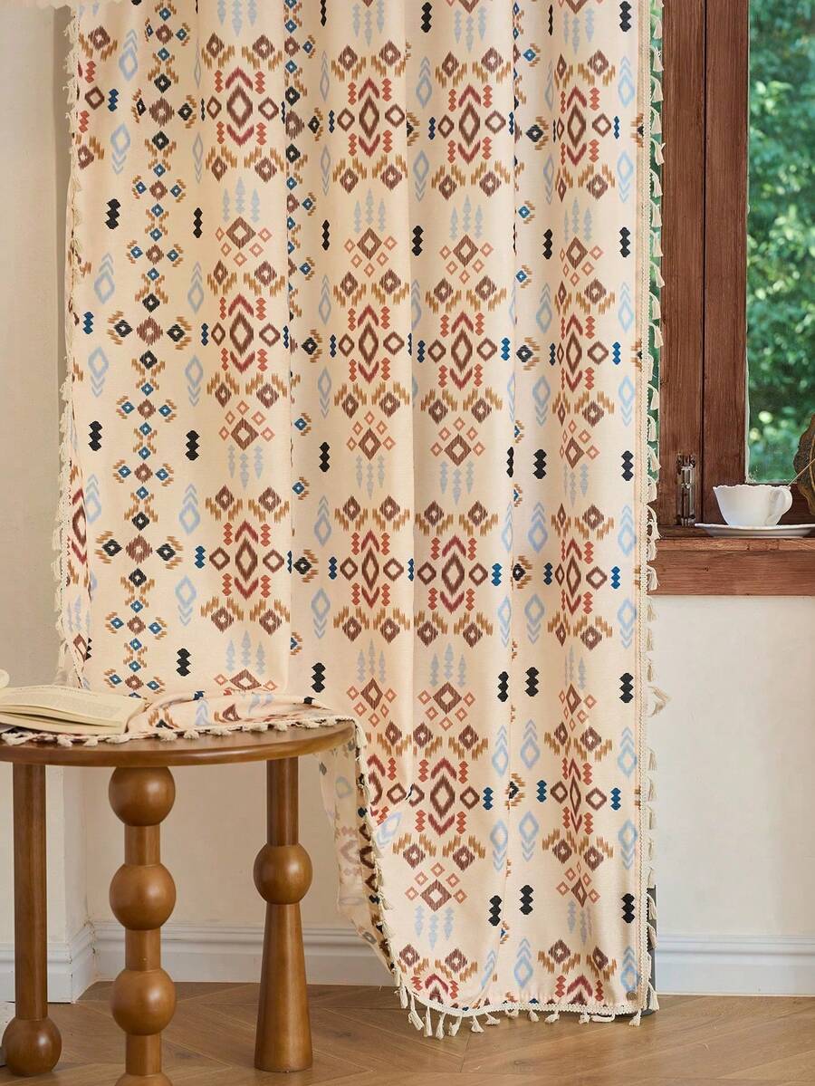 1件波西米亚风彩色几何图案薄纱窗帘,带流苏 - 彩色 - 查看 1