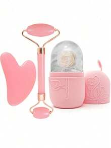 3件套面部冰凉滚轮套装 - 面部护肤冰滚轮套装，面部按摩工具，硅胶冰滚轮，玫瑰石英滚轮按摩器（含滚轮和刮痧板），用于缓解面部和眼部浮肿，面部按摩，改善肤质，提亮肤色，适用于眼部、颈部和面部，冰滚轮模具 - 护肤工具 - 彩色 - 查看 15