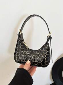 新款手提包，时尚小巧百搭石纹迷你半月形手提包 - 黑色 - 查看 4