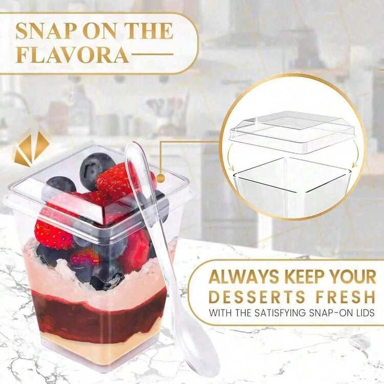 10 piezas Recipientes cuadrados minimalistas de 5 onzas con tapas, tazas de postre reutilizables para helado, pudín de frutas, dulces - transparente - Añade 3