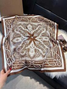 1pc Paisley Printed 70cm Faux Silk Square Scarf/Bandana, Multi-Purpose Men's Sun Protection Neckerchief, Versatile Head Wrap, Decorative Neck Scarf - 棕色 - 查看 2