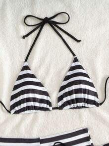 3pcs/Set Women Striped Print Halter Bikini Set With Briefs, Summer Vacation Beach - Multicolor - View 11