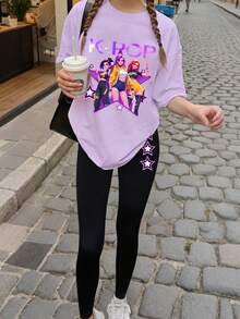 两件套青少年韩流服饰，宽松动漫偶像团体图案T恤和打底裤，渐变“K-POP”和星星印花，夏季返校休闲街头风 - 紫色 - 查看 8