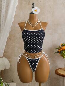 Bộ bikini tankini hở lưng gợi cảm dành cho nữ, họa tiết kẻ sọc và chấm bi, áo crop top không tay, thích hợp cho kỳ nghỉ hè ở bãi biển, tiệc tùng lễ hội âm nhạc, trang phục đi biển phong cách bohemian mùa xuân/hè màu đen. - màu đen - Xem 7