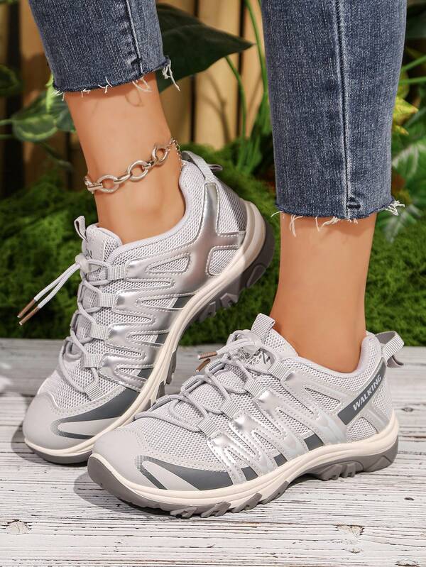 1 Paar Multifunktionale Neue Damen Wanderschuhe, Rundkopf Schnürung, rutschfest, verschleißfest, Niedriger Schnitt Lässig Schuhe, Outdoor Wandern Fitness Alltag, Mode Lässig/Sport Stil, Silber/Grau Chunky Sneaker, Größe 36-42