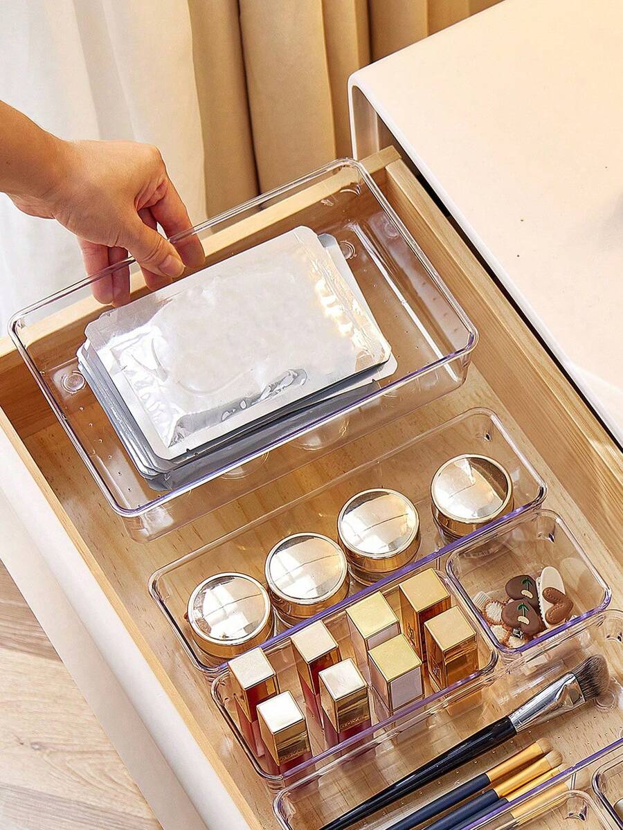 7/16/25 件套透明抽屉收纳盒套装，多功能塑料储物盒，浴室梳妆台抽屉收纳托盘，储物托盘，适用于化妆品、珠宝、卧室、办公室收纳盒 - 無色 - 查看 1