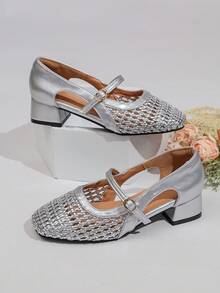 Giày Mary Jane nữ 2025 mới phong cách Pháp retro, da vuông mũi, đan rỗng, gót trung, quai cài, kiểu Trung Quốc - Bạc - Xem 3