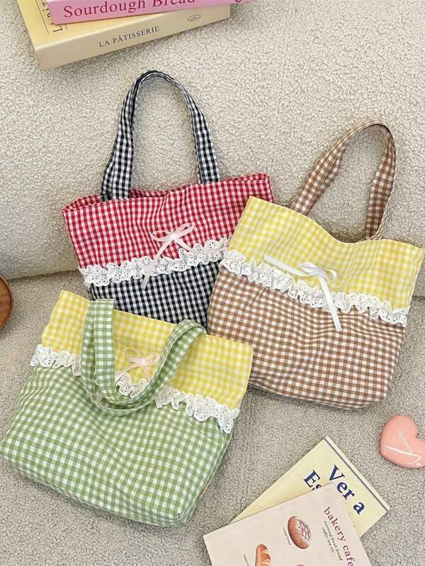 1pc Cute Gingham Lace Lunch Bag Ladies Tote Shoulder Bags Sweet Floral Female Storage Shopper Bag Purse Cartoon Lunch Bag Vintage Gingham Handbag Fresh Color Bow Canvas Handbag Casual Portable Lunch Bento Bag Ladies Small Handbags Tote Food Bag Bento Handbags Travel And Picnic Storage Bag For Work Picnic