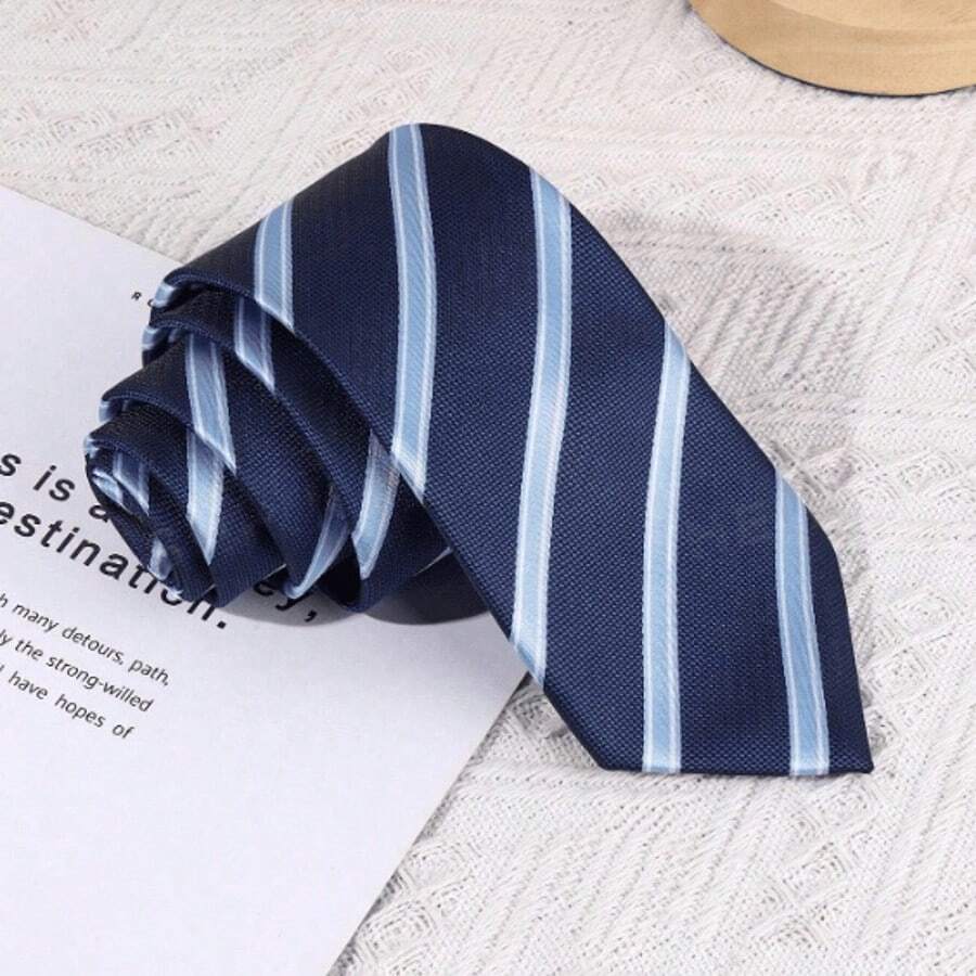 1pc Men's Coffee Striped Polyester Necktie, Collegiate Style Suitable For Daily Use,Accessories,Festival,Gifts - Tie-8203 - View 1