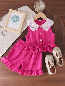 2pcs/Set Young Girl' Cute Peter Pan Collar Vest And Ruffle Hem Shorts Set, Summer - Hot Pink - View 3
