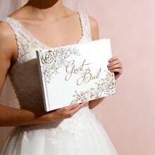 1pc White Foil Wedding Guest Book, Wedding Party Decoration Notebook, Anniversary Scrapbook, Blank Pages, DIY Memory Photo Album, Suitable For Wedding Reception, Theme Party, Birthday, Bridal Shower And Special Events Guest Book - White With Gold Foil Stamping - View 4
