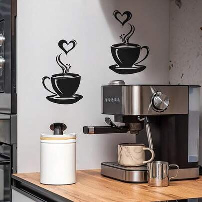Hình dán tường màu đen "Cốc cà phê" & "Trái tim" | Hình dán xe tự dính, có thể tháo rời, thích hợp để trang trí nhà bếp, quán cà phê, bề mặt mờ.