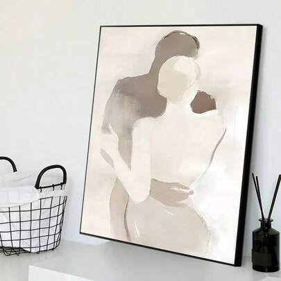 1幅现代简约优雅情侣海报 - 中性米色/黑色/灰色调帆布墙画 - 大尺寸无框装饰画，适用于客厅、卧室、家庭办公室 - 现代室内装饰，艺术墙饰