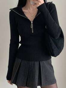 Women's Winter Casual Ribbed Knit Sweater, Half-Zip High Neck, Slim Fit, Long Sleeve, Black Elegant Versatile Everyday Pullover Top - Black - View 1