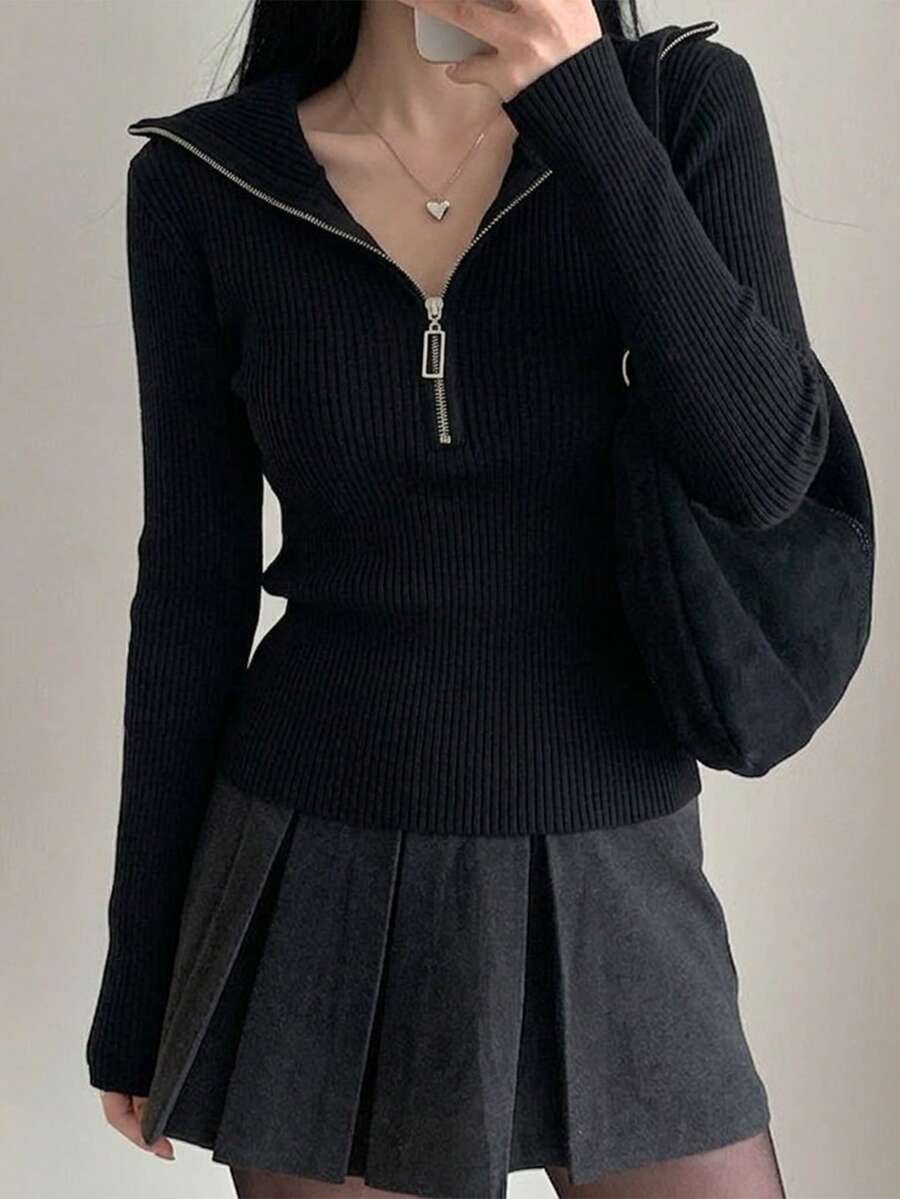 Women's Winter Casual Ribbed Knit Sweater, Half-Zip High Neck, Slim Fit, Long Sleeve, Black Elegant Versatile Everyday Pullover Top - Black - View 1