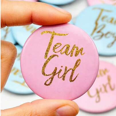 20枚粉色和蓝色团队主题派对胸针，金色箔纸字母圆形胸针，性别揭晓派对装饰，婴儿派对回礼，节日派对用品