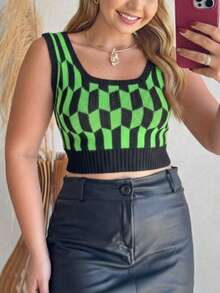Women's Cropped Knit Top With Diamond Check Print, Casual Summer Style, Comfortable, GREEN - 綠色 - 查看 2
