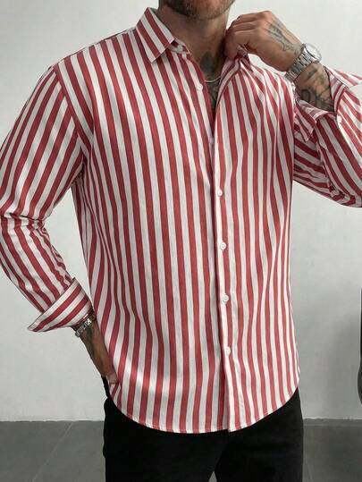 男士红白条纹衬衫，复古糖果条纹纽扣衬衫，地中海度假风衬衫，现代休闲修身街头风长袖正装衬衫