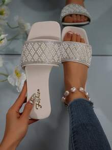 女士单带水钻凉鞋，休闲百搭户外塑料平底拖鞋 - 白色 - 查看 1