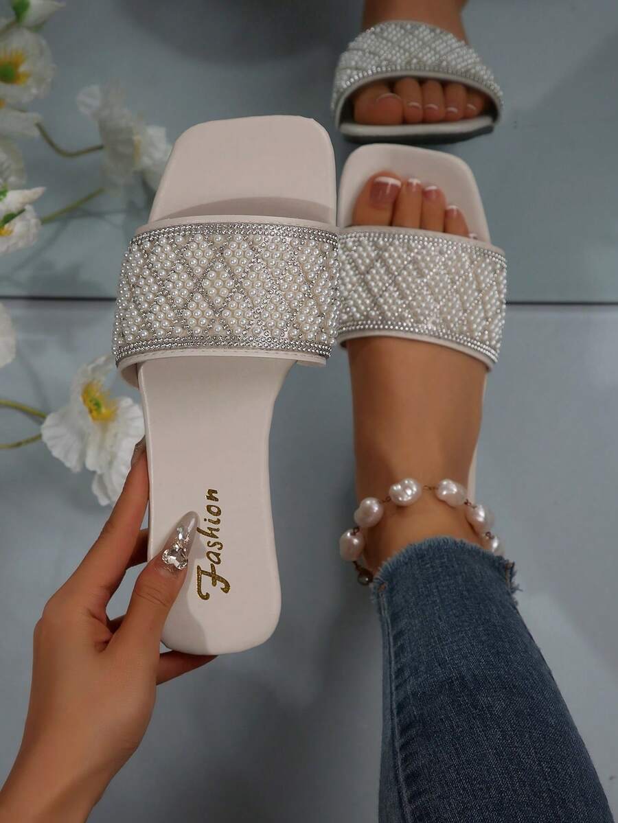 女士单带水钻凉鞋，休闲百搭户外塑料平底拖鞋 - 白色 - 查看 1