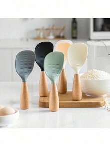 Cuchara de arroz con mango de madera, espátula vertical antiadherente para servir arroz, herramienta de cocina con soporte - Multicolor - Ver 3