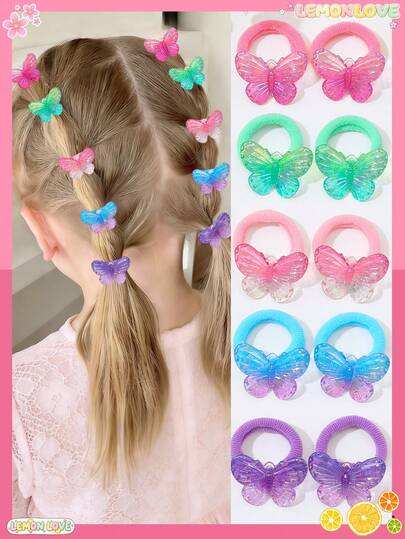 10pcs Girls' Dreamy Color Butterfly Hair Ties, Sweet Ombre Color, Instantly Transform Into Princess Hairstyle, Suitable For Daily Braiding