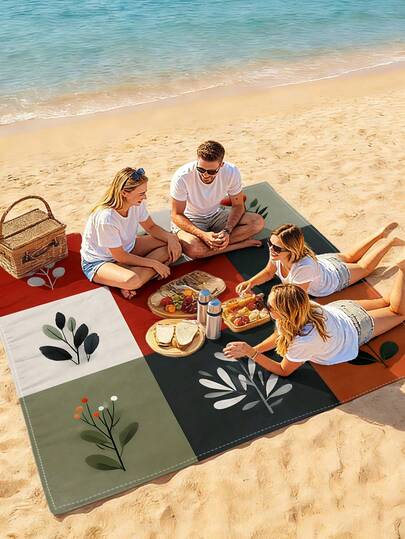 1件全新户外防水防沙数码印花野餐垫/沙滩巾，时尚清新图案，适合户外露营和野餐，四季皆宜（100克面料）