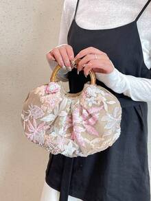 Dedoo 海滨度假包 女士新款刺绣立体贴花亮片花朵粗纺手提包 优雅托特包（图案随机裁剪） - 粉色 - 查看 6